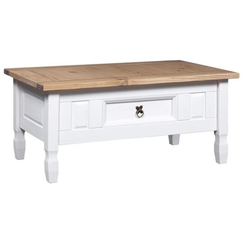 vidaXL Legno Pino Messicano Tavolino Caffè Corona Range con Cassetto Rustico Robusto Elegante Tavolo Basso da Salotto Bianco e Marrone 100x55x45 cm