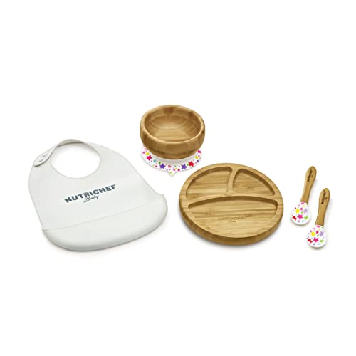 Image of Nutrichef Baby and Toddler, 3 Compartment Plate, Bowl, and Spoon Feeding Set- Silicon Suction, Non-Toxic All Natural Bamboo Baby Food Plate with Silicon Bib