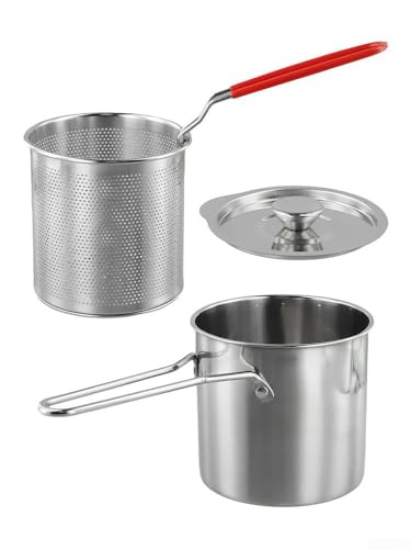 Juego de freidora de grasa profunda con cesta coladora y mango extendido, acero inoxidable, olla freidora profunda con tapa, freidora pequeña para ahorrar aceite, para freír pescado, camarones, pollo