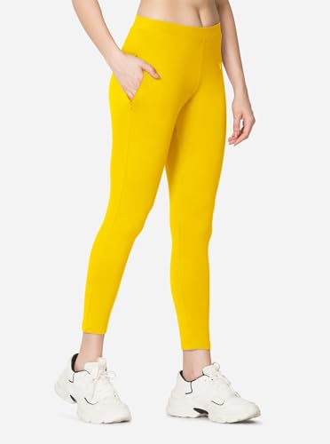 Image of VSTAR PL02 Women Ankle Length Stretchable Slim Fit Leggings with Secured Side Pocket | Moisture-Wicking | Soft Waistband & Cotton-Elastane Fabric | XXL | Golden Yellow
