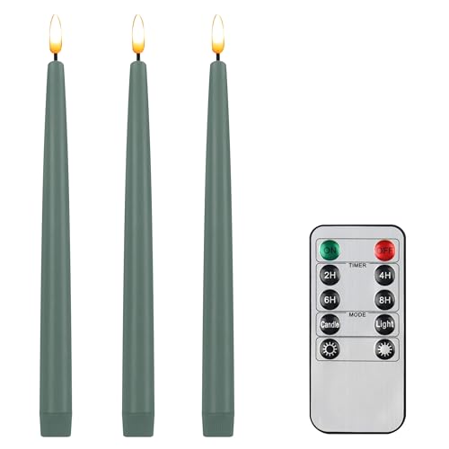 Image of CVHOMEDECO. Flameless Taper Candles with 10-Key Remote, Battery Operated Led Flickering 3D Wick Window Candles Real Wax Finished Home Christmas Party Decor 0.78 x 11 Inch, Pack of 3, Grey Green