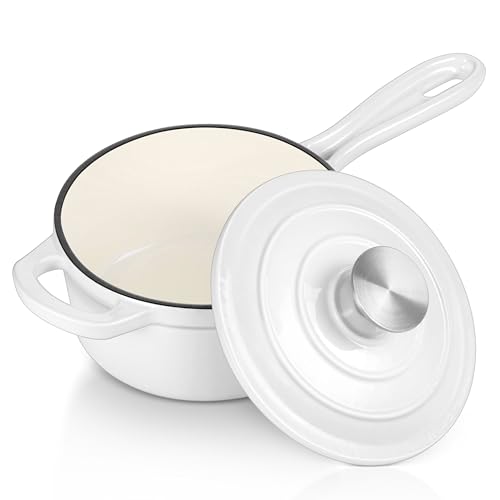 Enameled Cast Iron Sauce Pan with Lid, Leonyo 2 Quart Saucepan with Lid, Small Enamel Cast Iron Dutch Oven Kitchen Cookware for All Cooktops Making Pasta Sauce, Soup, Milk - Up to 500°F & White