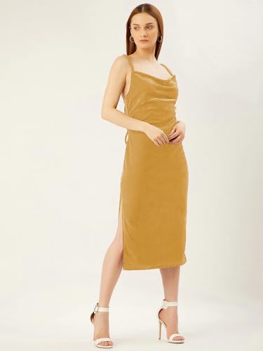Image of Anvi Be Yourself Women's Solid Shoulder Strap Sleeveless Velvet Midi Bodycon Dress || Trendy Womens Cowl Neck Strappy Sheath Casual Dress with Side Slit || Western Plain One Piece Dress for Women