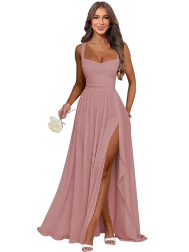 Dvdci Chiffon Bridesmaid Dresses for Women Dusty Rose Slit Ruffle Formal Gown Empire Wedding Guest Dress US6