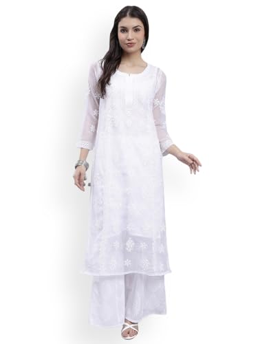 Image of Seva Chikan Hand Embroidered Lucknowi Chikankari Georgette Kurta with Inner Slip for Women SCL4431