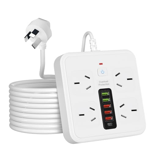 AU Powerboard USB, 10IN1 Power Strip USB C, Power Board Surge Protector with 4-Outlets, 2Meter Power Extension Cord with 1-USBC & 5-USB 2500W Surge Protection, Wall Mountable, for Home Office (White)