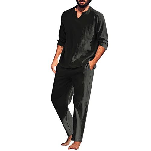 GXYANiaoy Completo Estivo Uomo - 2 Pezzi Estiva Casual Tuta Per Spiaggia Completa Leggeri Moda Lino Manica Lunga + Pantaloni Con Coulisse Colore Puro Comodi Completi Uomo S-2XL