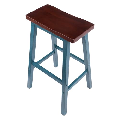 Image of Winsome Satori Saddle Seat 29In Bar Stool Rustic Teal and Walnut Finish