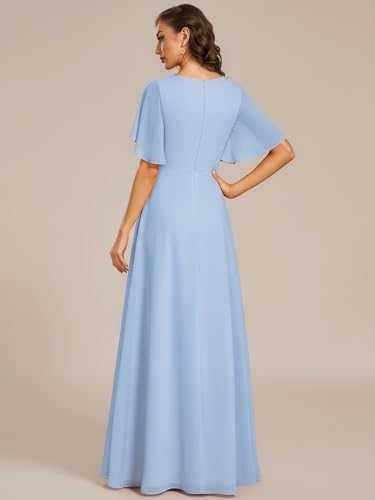 Image of Ever-Pretty Women's Spring Short Sleeve Bridesmaid Dresses V-Neck Chiffon Ruched Empire Waist Appliques Long Formal Dress
