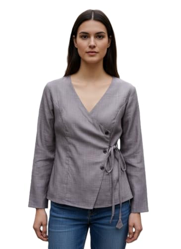 Image of Women's Cotton Tops | Casual Wrap V Neck Top | Long Sleeve Textured Side Tie Shirt | Elegant Slim Fit Crossover Tunic | Stylish Office Wear & Trendy Streetwear Apparel(38-K-1-4)