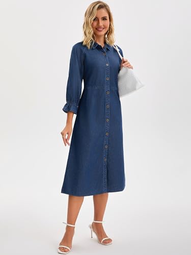Women Denim Dresses Midi 2025 Casual Ruffle Long Sleeve Jean Button Down Shirt Dress2