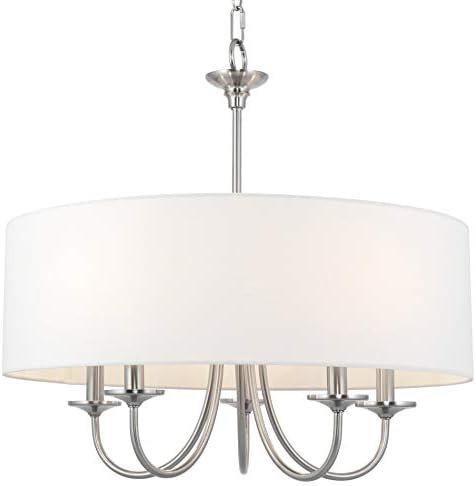 Kira Home Quinn 21″ Traditional 5-Light Chandelier/Adjustable Chain Link Hanging Light + White Linen Drum Shade, Brushed Nickel Finish
