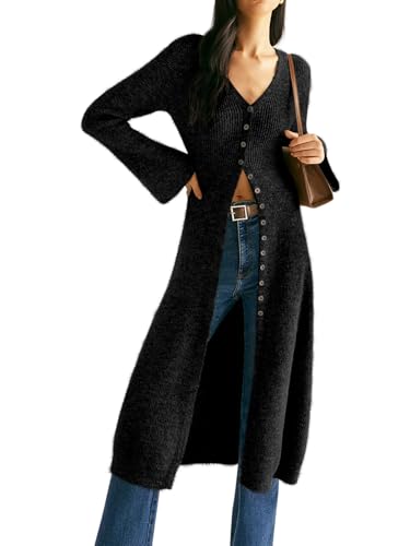 Image of Womens V-Neck Button Maxi Cardigan Bell Long Sleeve Open Front Split Breasted Sweater Dress