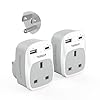 UK to US Plug Adapter 2 Pack, TESSAN UK to US Travel Adaptor with 2 USB (1 USB C), 3 in 1 Grounded Plug Adapter, Travel Essentials for USA, Canada, Thailand, Mexico, Bahamas (Type B)