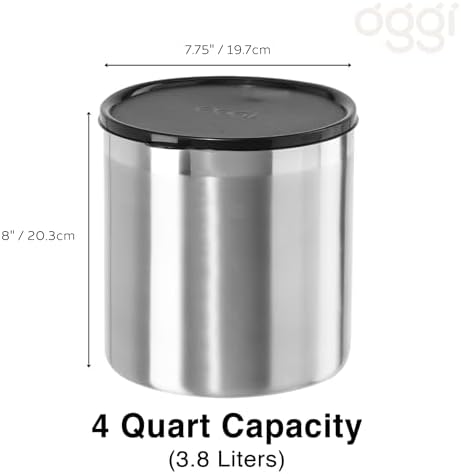 Oggi Stainless Steel Jumbo Grease Container with Removable Strainer and Snug Lid. Perfect container for fryer oil, bacon drippings, lard and ghee oil. Large capacity can - 1 Gall / 4 Qt / 3.75 Lt