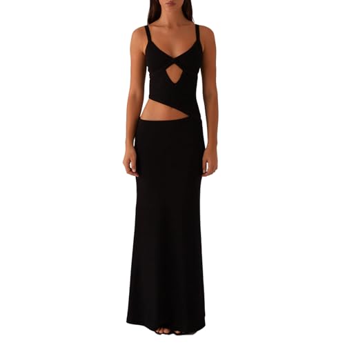 GUCURIN Women Sexy Maxi Dress Cut Out V Neck Spaghetti Straps Bodycon Long Dress Summer Party Cocktail Wear (M,Black)