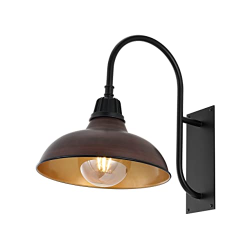 Image of JONATHAN Y 12.25 inch Wood Finish /Copper Farmhouse Gooseneck Outdoor Wall Sconce Lamp, with Black 1-Light Metal Bowl Shade, Industrial Iron LED Porch Light for Patio Garage Entryway (JYL7614G)