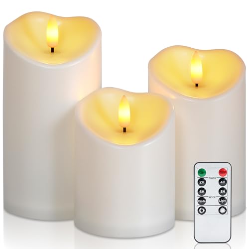 Image of Raycare Outdoor Waterproof Flameless Candles with Remote and Timer, Battery Operated LED Electric Fake Pillar Candle for Christmas Home Wedding Decor, Ivory White, Set of 3