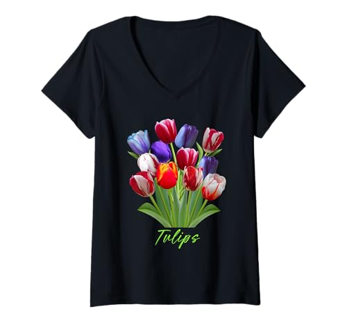 Femme Bouquet de tulipes mignonnes rouges, bleues et blanches, fleurs printanières du 4 juillet T-Shirt avec Col en V