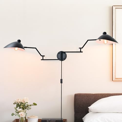 Image of Modern Black 2-Light Plug in Swing Arm Wall Sconce, 1 Pack