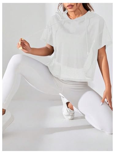 SHENHE Women's Crop Tops Sweatshirts Short Sleeve Sheer Mesh Drop Shoulder Drawstring Hoodie