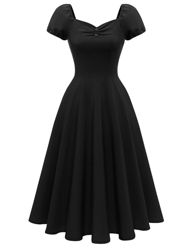 Wedtrend Womens 1940s Dress with Pocket Cocktail Dress Vintage Dress 50s Outfit Puff Sleeve Retro Dress Midi Rockabilly Dress WTP30021BlackS