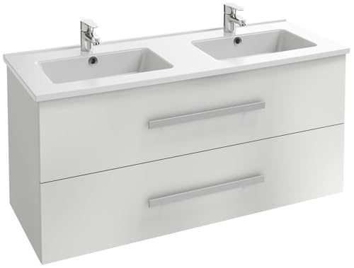 Jacob Delafon - Meuble OLA UP 120cm & Plan Double Vasque Céramique - 2 Tiroirs Fermeture Douce - Grande Capacité - Blanc Brillant - 1210x570x465mm -...