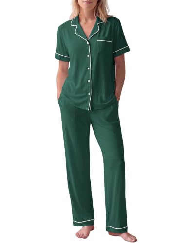 Image of HNG Women Pajamas Set 2 Piece Button Up Pajamas Pant and Short Sleeve Shirt for Woman Pj Sets with Pocket