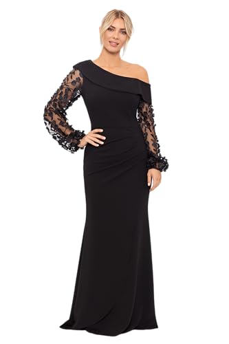 Image of Xscape Women's Long Flower Ilusion Sleeve Off-The-Shoulder Scuba Crepe Gown