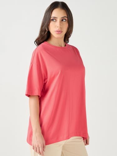 Image of Bewakoof Women's Solid Oversized Fit Half Sleeve Round Neck Cotton Jersey T-Shirt