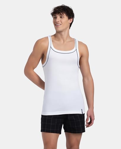 Image of Jockey US54 Men's Super Combed Cotton Rib Square Neckline Gym Vest with Back Panel Graphic Print (Shoulder Starp Color May Vary)