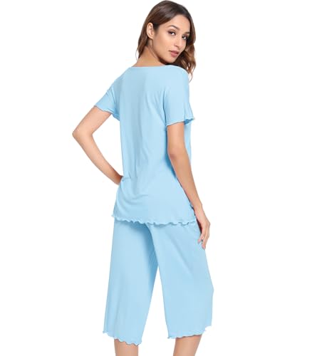 Image of NACHILA Women's Bamboo Viscose Pajama Sets Summer Cooling Short Sleeve Capri Soft Pjs Night Sweats Moisture Wicking Sleepwear