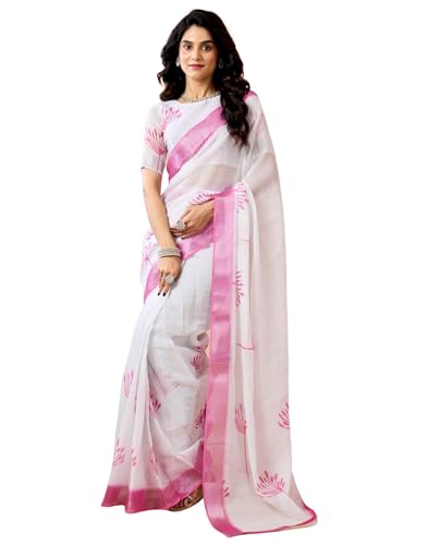 Image of SIRIL Women's Printed Cotton Linen One Minute Ready to Wear Saree With Unstitched Blouse Piece