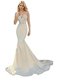 YXDream Sexy Elegant Slim Fit Fishtail Wedding Dress Court Train Mermaid/Trumpet V Neck Sleeveless Open Back Charmeuse Embroidery Zipper UP Formal Wedding Gown 2025 Ivory