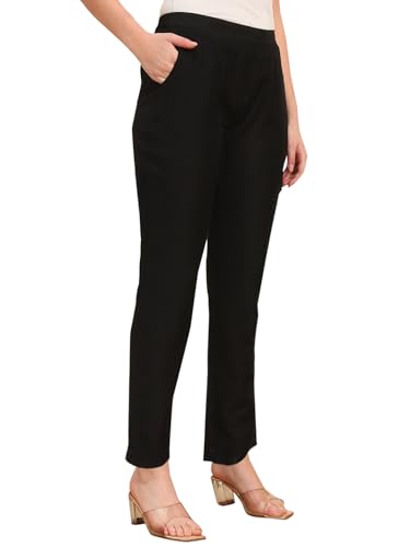 Image of Vogaan Women's Cotton Silk Pant | Half-Elasticated Waist Slim Fit Trouser for Women | Casual Pocket Pants for Office Formal Daily Use
