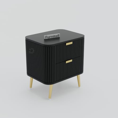 Image of Premium HDMR Wood Bedside Table with 1 Drawer & Open Storage Shelf, Fluted Nightstand with Golden Legs for Bedroom, Modern End Table, for Living Room | Black Finish, Set of 2