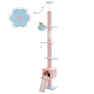 PAWZ Road Flower Cat Tree Floor to Ceiling with Height Adjustable 216cm to 273cm, Cat Tower with Spacious Activity Space, Hammock and Cat Condo, Anti-Fall Belt, 5 Tiers Blue and Pink