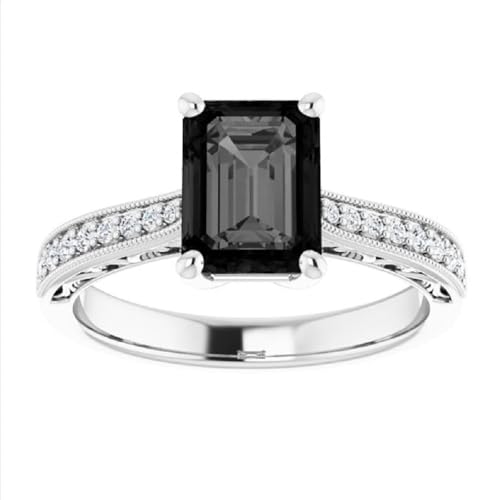 2.00 Ct Emerald Cut Black Onyx Engagement Ring Antiqe Art Deco Side Round Diamond Emerald Ring Black Moissanite Ring Proposal Ring 925 Sterling Silver 10k/14k/18k Solid White Gold Gift For Her