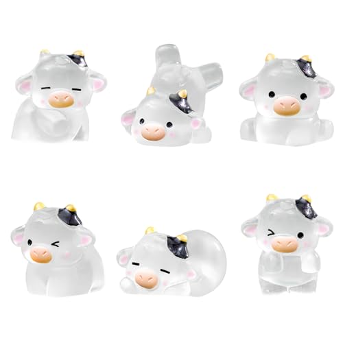 UYUOO 6 Pack Glow in The Dark Cow Car Decor, Cute Luminous Resin Dashboard Decorations for Cars, 3.3cm Funny Animal Touchscreen Accessories (Transparent)