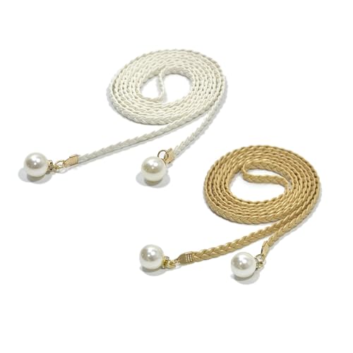 2Pcs Fashion Woven Waist Rope Adjustable Laceup Waist Belt With Pearls Decors For Women Dresses And Skirt All Matching Women