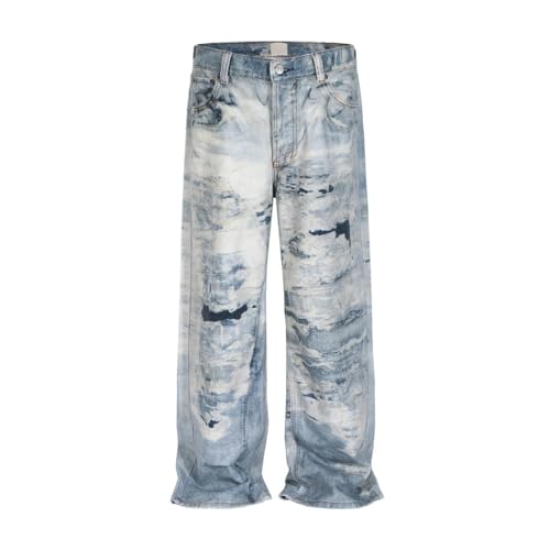 Men’s High Street Multipockets Baggy Jeans, Dark Blue, Vintage Casual Denim Trousers