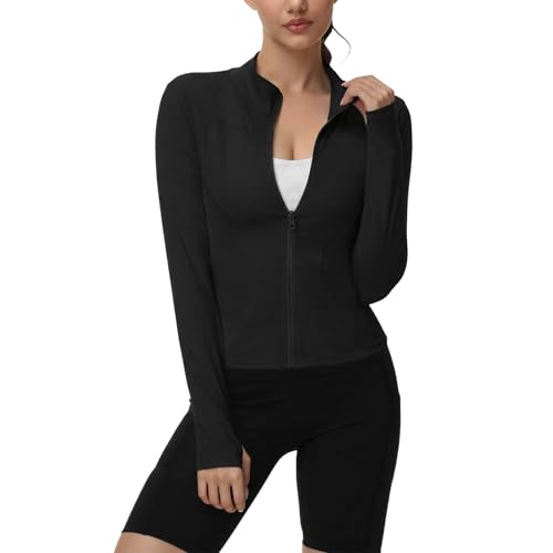 Vankee Women’s Workout Jacket Long Sleeve Jackets UV Sun Protection Full Zip Lightweight Athletic Slim Fit Sports Tops Light Cropped Activewear with Thumb Holes for Running Yoga Gym Cycling Hiking