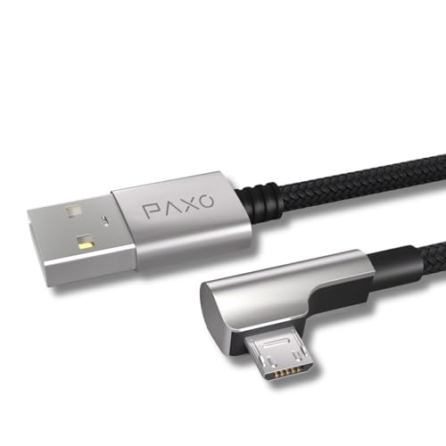 PAXO Cable micro USB de nailon, 0,3 m, color negro, conector en ángulo de 90 grados, cable de carga USB a micro USB, cable de datos, cable de carga, USB 2.0