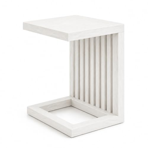 Image of Solid Sheesham Wood C Shape Side Table for Living Room | Modern Sofa End Table | Wooden Laptop Table for Bed | Coffee & Snack Table | Bedside End Table | White Brown Finish