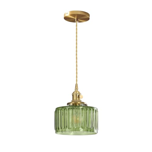 Hnexsei Suspension Moderne en Verre avec Douille Métal E27 Dorée, Abat-jour Texturé, Câble Suspendu Réglable, Idéale pour Cuisine, Salle à Manger et Salon (Vert rayé)