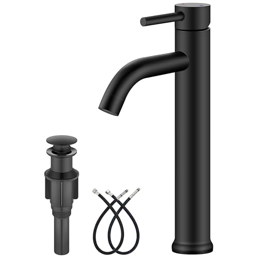 Aolemi Matte Black Vessel Sink Faucet Bathroom Faucet Tall Stainless Steel Bathroom Sink Faucet Single Handle One Hole Round Body with Pop up Drain Basin Bowl Vanity Lavatory Mixer Tap
