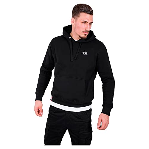 Image of Alpha Industries Men's Basic Hoody Small Logo Hooded Sweat Sweatshirt, Black, XS