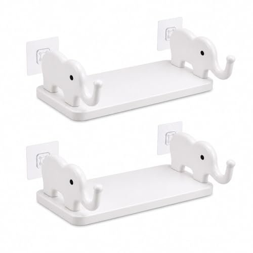 Image of Wall-Mounted Multipurpose Elephant Design Shelf (Pack of 2) - No-Drill Self-Adhesive Storage Rack for Phone, Keys, Glasses & Decor - Cute Organizer for Bedroom, Entryway or Office (White)