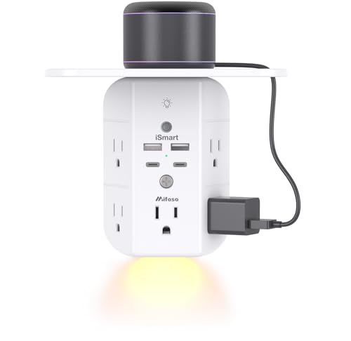 Wall Outlet Extender with Shelf and Night Light Surge Protector USB Wall Charger with 5 AC Outlets and 2 USB A Ports 2 USB C Ports Wide Space 3-Sided Power Strip Multi Plug Outlets