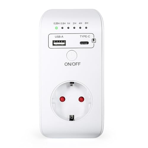 DEWIN Temporizador Enchufe Programador, Reloj Enchufe Programable 0.25h - 6h Toma para Temporizador de Cuenta Atrás con Puerto de Carga USB/Type-C